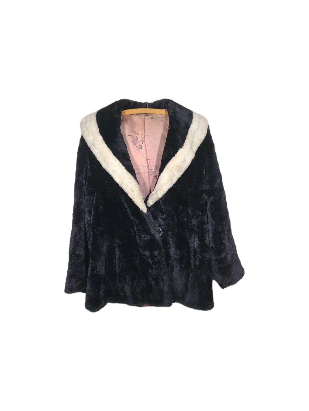 Vtg Faux Fur 1950s Jacket Borg Skunk Shawl Collar Black White Medium Pinup Rare